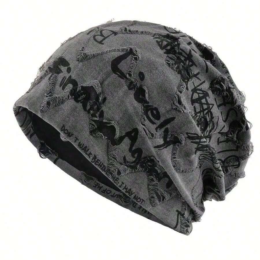 Outdoor Sports Knitted Hat Unisex Autumn Winter Beanie Letter Retro Brimless Hat Women Men Pullover Hat - 灰色 - 查看 1