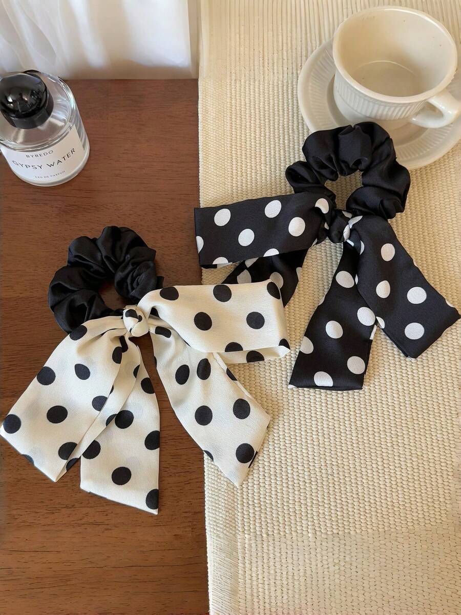 1pc Women's Black & White Polka Dot Bow Scrunchie, Satin Ribbon Ponytail Holder, Elegant Hair Accessory,Summer,Holiday,Travel Hair Elastics Hair Rubber Bands Hair Rope,Festival,Party - Multicolor - View 1