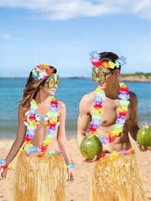 5/4件組夏威夷草裙與花環套裝，熱帶風夏威夷草裙配花環，夏威夷呼啦舞派對裝扮，熱帶派對夏威夷花環，派對裝飾草裙，夏威夷派對用品，熱帶海灘派對 - 彩色 - 查看 3