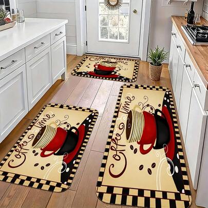 1/2/3pcs Coffee Theme Kitchen Rug Set - Anti-Slip, Stain Resistant, Lightweight Polyester Mats - Holiday Accents For Christmas, Halloween, Thanksgiving, Valentine's Day, Graduation,Suitable For Front Door, Living Room, Bathroom, Room, Home, And Bedroom Decoration.