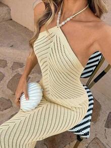 Summer Women's Faux Pearl Decor Camisole Dress, Hollow Out Neck Pink Knit Dress, Bohemian Style Bodycon Pencil Skirt.Suitable For Beach Outing, Casual Holiday, Music Festival, Beach Party, And Cocktail Party Vacation - 杏 - 查看 7