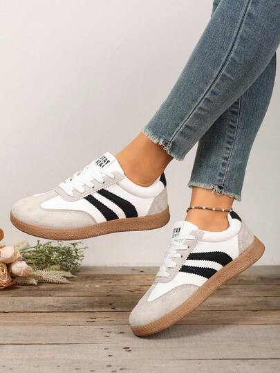 Plus Size Women's Deqing White Sneakers, Student School Shoes, Color Block Fashion Flat Lace-Up Casual Shoes, Comfortable Non-Slip Athletic Shoes