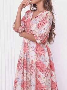 Women's Bohemian Style Lantern Sleeve Dress, V-Neck Tie Waist Pocket Patchwork Print Dress, Fashion Party Outfit For Valentine's Day Pink Vacation Elegant Spring - 粉色 - 查看 5