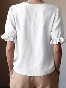 Solid Color Ruffle/Frill Trim Casual Round Neck Blouse, Spring/Summer White - White - View 3