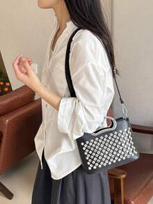 1pc Solid Color PU Leather Women's Shoulder Bag, Fashion Street Crossbody Bag, Rhinestone Decor, Adjustable Strap, Suitable For Daily Use, Young Women - Travel, Work, Shopping, Commuting, Dating, Gift, Office - Black - View 8