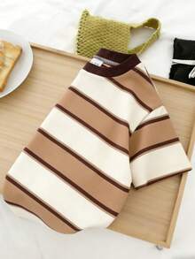 Baby Striped Short Sleeve T-Shirt, High Elasticity Breathable Soft Cotton Tee For Summer - Coffee Brown - View 4