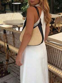 Elegant White Satin Midi Slip Dress - Floral Neckline Detail, Flowing, High Neck Spaghetti Strap - Cocktail Parties, Wedding Guests, And Summer Gatherings - Feminine, Refined, Gracefully Elegant - 白色 - 查看 12