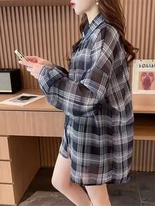 女士格子长袖轻薄宽松休闲防晒衬衫，夏季黑色 - 黑色 - 查看 4