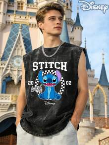 Disney Lilo & Stitch 2002 Checkered Officially Licensed Men's Sleeveless Graphic Tee, 100% Cotton 230g Washed Vintage Shirt - màu đen - Xem 4