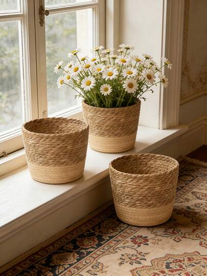 Bộ 1/2/3 chiếc giỏ trồng cây bằng cỏ biển tự nhiên, thiết kế cỡ lớn, vừa và nhỏ, dùng để trang trí nhà cửa, bình hoa, phong cách trang trại, ven biển, giỏ treo tường, hộp đựng đồ dùng cho phòng khách, phòng tắm, trang trí mùa xuân hè.