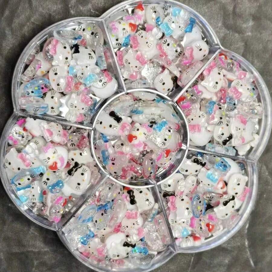 SANRIO 70件盒装卡通装饰珠子和配件，可爱树脂动物吊坠，适合美甲装饰 - 彩色 - 查看 1