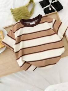 Baby Striped Short Sleeve T-Shirt, High Elasticity Breathable Soft Cotton Tee For Summer - Coffee Brown - View 6