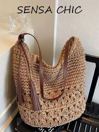 This Is A Stylish And Minimalist Woven Women's Handbag Featuring A Contrasting Color Design And Exquisite Embellishments. Its Novel And Fashionable Design, Along With Its Elegant And Unique Texture, Makes It An Ideal Choice For Girls, Easily Adaptable To Various Occasions Such As Parties, Everyday Outings, Or Leisurely Vacations.