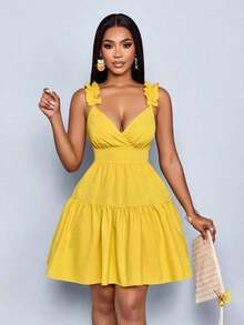 Women's Spring Summer Fashion Solid Color Loose Casual Back Cut-Out Loose Short Dress,Vacation, Music Festival, Back To School,Romance,Party Outfit - 黑色 - 查看 10