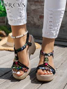 黑色坡跟凉鞋，女士夏季厚底搭扣凉鞋，镂空串珠编织轻便休闲度假罗马凉鞋，波西米亚风厚底坡跟鞋 - 黑色 - 查看 3