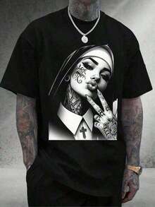 Camiseta De manga Corta Casual Para Hombres En La Calle T-shirts de algodón para hombres camisetas suaves y clásicas para el día a día Monja con tatuajes y cruz Jóvenes urbanos, estilo moderno 200gsm, 100% algodón, camisetas relajantes de alta calidad, respirables, deportivas, regalos ideales. Camisetas para hombres, verano, moda. Vestido de cumpleaños, clásico, fiesta. T-shirt gráfica, comodidad, suave. Adecuado Como Regalo De Navidad Para Regalar NLXK - Negro - Ver 1