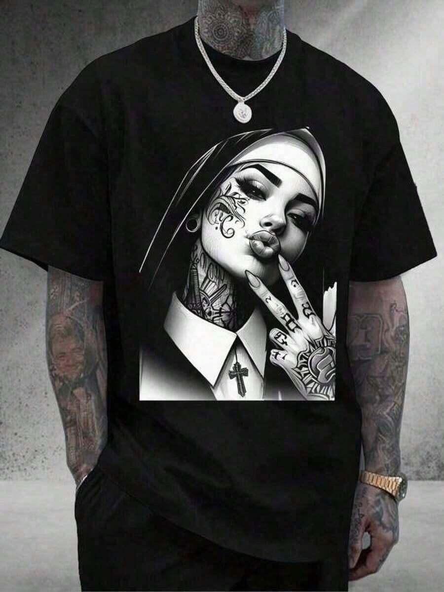 Camiseta De manga Corta Casual Para Hombres En La Calle T-shirts de algodón para hombres camisetas suaves y clásicas para el día a día Monja con tatuajes y cruz Jóvenes urbanos, estilo moderno 200gsm, 100% algodón, camisetas relajantes de alta calidad, respirables, deportivas, regalos ideales. Camisetas para hombres, verano, moda. Vestido de cumpleaños, clásico, fiesta. T-shirt gráfica, comodidad, suave. Adecuado Como Regalo De Navidad Para Regalar NLXK - Negro - Ver 1