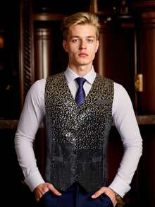 Men's Gradient Sequin Vest, Nightclub Bar Front Desk Performance Formal Waistcoat Tuxedo Vest - Gold - View 1