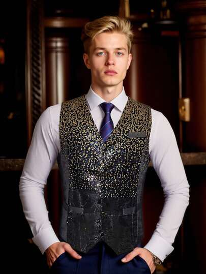 Áo vest nam đính sequin chuyển màu, áo vest dự tiệc, vest tuxedo trang trọng cho quán bar, hộp đêm, lễ tân, biểu diễn chuyên nghiệp.