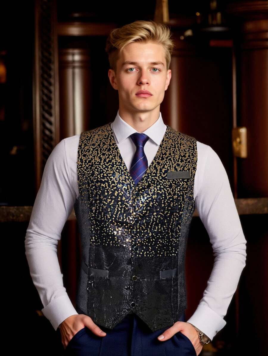 Men's Gradient Sequin Vest, Nightclub Bar Front Desk Performance Formal Waistcoat Tuxedo Vest - Gold - View 1