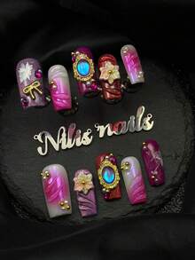 10pcs Handmade Full Cover Square Nail Art Set, Including Purple Nails, Silver Cat Eye, Rose Red Tie-Dye, Hand-Painted Floral, 3D Transparent Water Wave, 3D Blue Oval Rhinestones, Metal Gem Frames, Bows, Rainbow Flowers, Purple Rhinestones And Other Nail Accessories - Purple - View 5