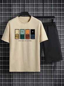 Simple Studio | Men's Summer Minimalist Vintage Graphic Print Round Neck Short Sleeve Casual T-Shirt And Drawstring Waist Shorts Set - Apricot - View 3