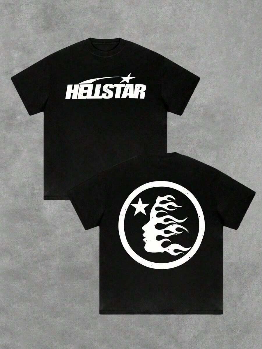 1Pcs Y2K Swag Star And Flame Men's 220G Casual T Shirt Streetwear Style 100% Cotton Men Clothes  Double Sided Graphic Printed T Shirt Burning Head Silhouette Tee.Summer EIAI - 黑色 - 查看 1