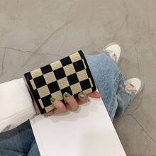 Classic Checkerboard Women's Short Wallet, Multi-Functional Tri-Fold Card Holder, Multi-Card Slot Document Organizer, Retro Color-Block Snap Coin Purse, Stylish And Versatile Student Commuter Card Holder, Niche Design Canvas And Leather Wallet. - 咖啡 - 查看 3