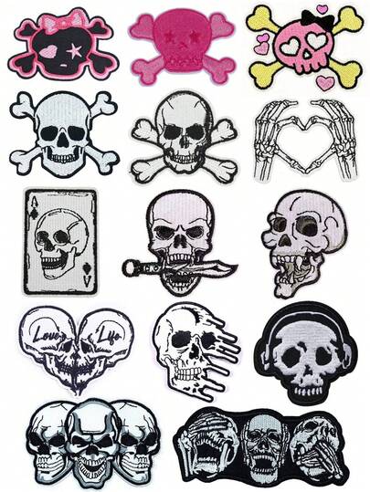 1 Set de 3/6 piezas de parches bordados de la serie de calaveras de estilo punk en blanco y negro, decoraciones de Halloween, lindo parche de poliéster con dibujos animados rosas, adecuado para mochilas, vaqueros, chaquetas, camisetas, sombreros, vestidos, etc.