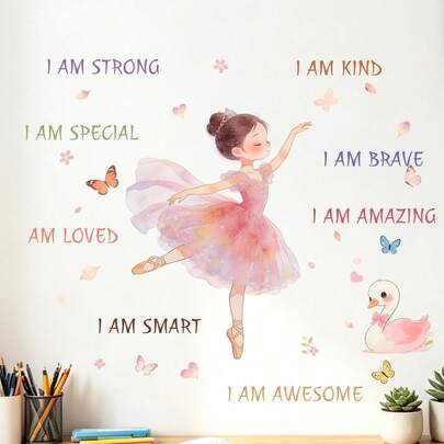 1pc Cartoon Girl Motivational PVC Wall Stickers Heart Butterfly Decorative Self-Adhesive Wall Decals For Living Room Bedroom Background
