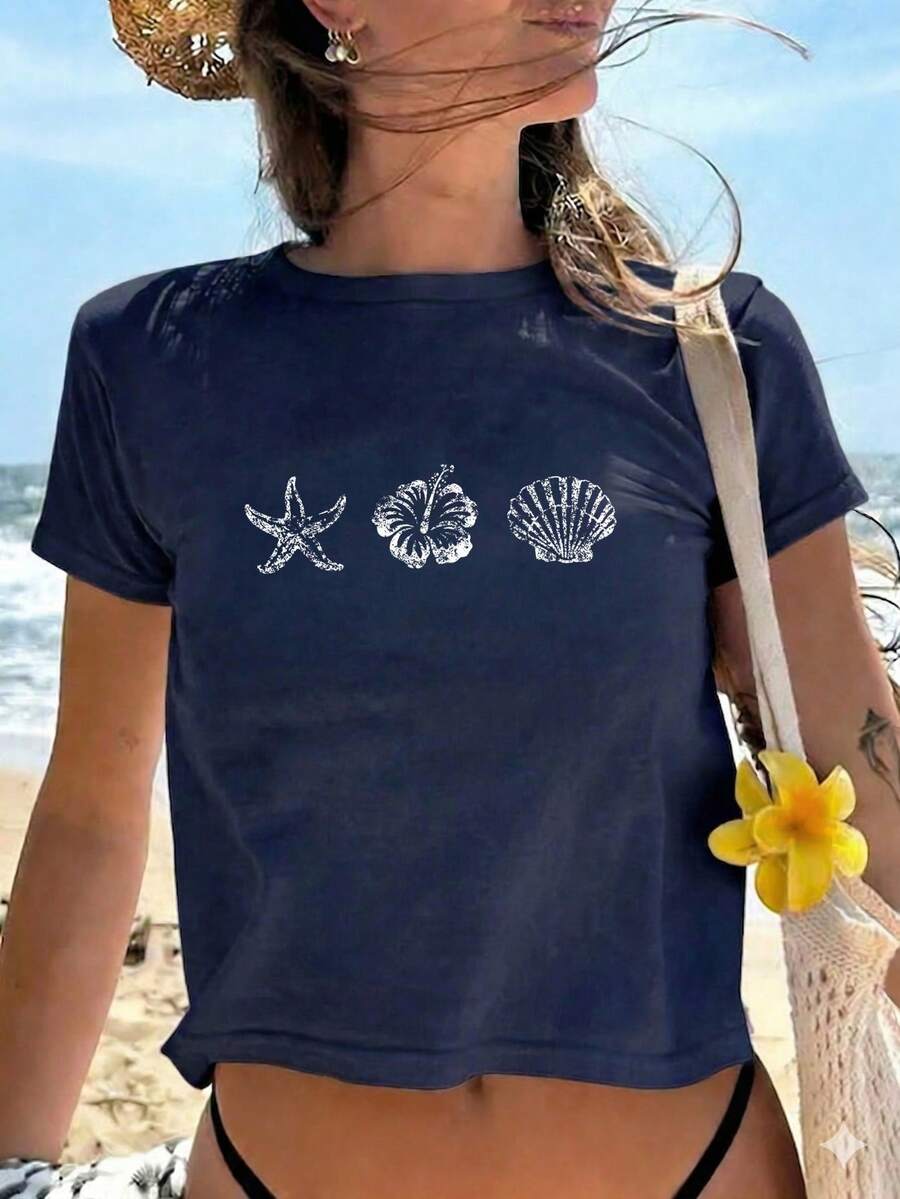 夏季新款时尚百搭休闲贝壳海星沙滩印花圆领短袖T恤，女士度假款 - 藏蓝色 - 查看 1