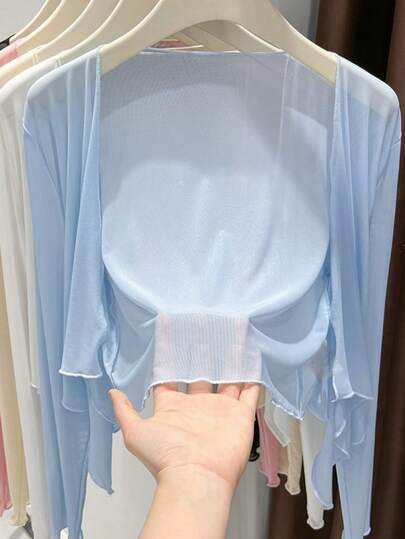 2026 Nuevo Cárdigan de malla transparente con volantes para mujer, chaqueta ligera de verano para protección solar, cubrecamisas de manga larga con volantes y abertura frontal, múltiples colores