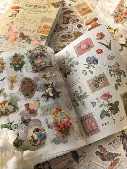 20sheets Vintage Sticker Book Plant, Mushroom & Farm House Series Made Of Pvc And Washi Material For Ins Style Retro Hand Account Diy Decorative Decals Papercraft Collage Scrapbooking Sticker Book School Supplies,Back To School