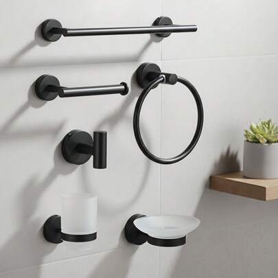 一套黑色浴室收纳挂钩 - 圆形毛巾环 - 浴室挂钩 - 牙刷架 - 不锈钢收纳挂钩 - 卫生纸架 - 肥皂碟