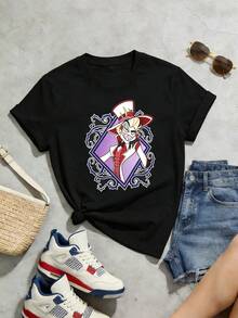 Summer Casual Soft Cotton Printed Crew Neck Short-Sleeve Top With Retro European Street Y2K Style. - Black - View 4