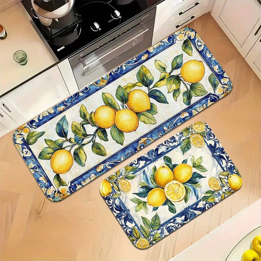 1pc/2pcs 1.2cm Pattern With Traditional Lace And Lemons, Kitchen Floor Flannel Mats, Suitable For Living Room, Kitchen, Bedroom, Laundry Room, Room Decoration, Home Decoration, Multiple Size Options, Decorative Kitchen Floor Flannel Mats - Multicolor - View 1