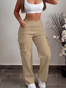 Calça cargo casual de cor sólida feminina com bolsos, uso diário versátil, primavera, outono, inverno - Caqui - Ver 1
