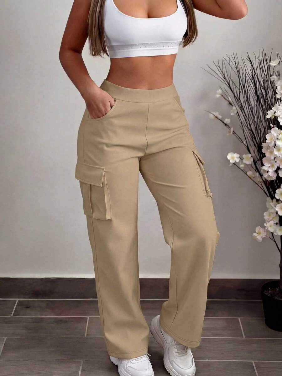 Calça cargo casual de cor sólida feminina com bolsos, uso diário versátil, primavera, outono, inverno - Caqui - Ver 1