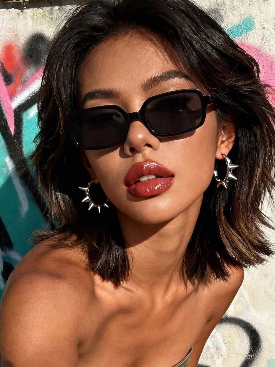 1 Pair Unisex Rectangular Fashion Glasses, Suitable For Outfits, Travel, Summer Accessories, Sports Style, Driving, Festivals, Beach, Electronic Music Festivals, Vacations, Family Outings, Golf, Hiking, Elegant Attire, Street Style Accessories, Vacation Atmosphere, Sports, Parties, Outdoor Activities, Street Style, Fishing, Providing Elegant Atmosphere For Daily And Party Occasions - Black - View 1