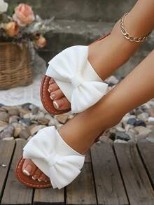 2026 Summer New Fashion Bow Slippers For Women, Vacation Style Soft Sole Plus Size Beach Sandals - White - View 6