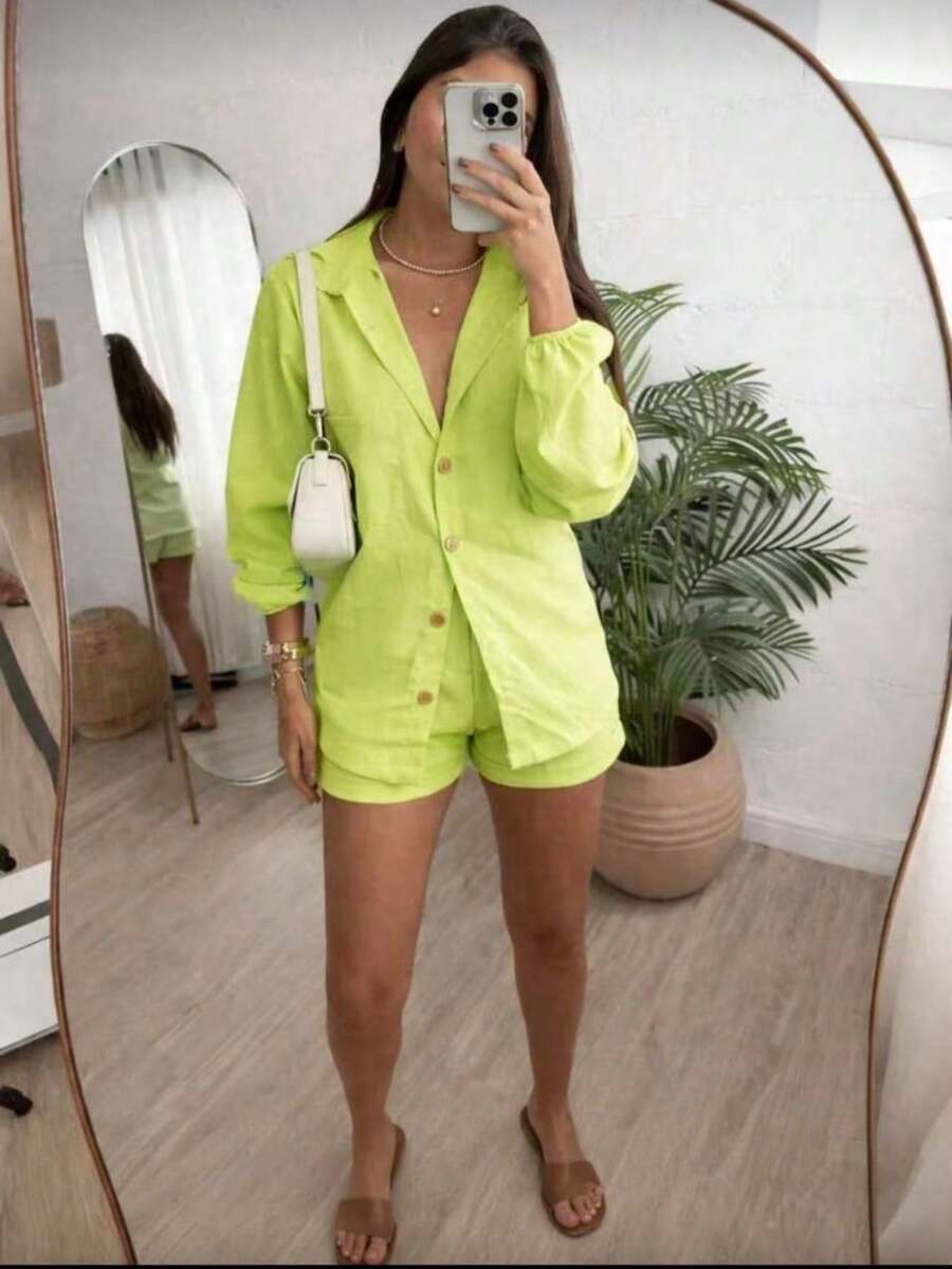 Combination Set Consisting Of A Long-Sleeved Top And Shorts. - 薄荷綠 - 查看 1