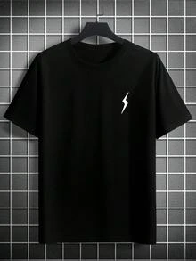 Camiseta de manga corta de cuello redondo con estampado de rayo degradado para hombres de talla grande - Negro - Ver 2