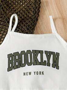 Conjunto de 3 piezas para niña preadolescente con camiseta de tirantes con estampado de letras "Brooklyn" + top con superposición de malla + pantalones cortos, conjunto de moda de verano para uso al aire libre, adecuado como regalo de verano - Verde militar - Ver 6