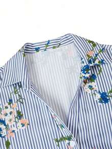 Women's Striped Floral Print Belted Button Down Midi Dress With Collar And Short Puff Sleeves - 彩色 - 查看 3