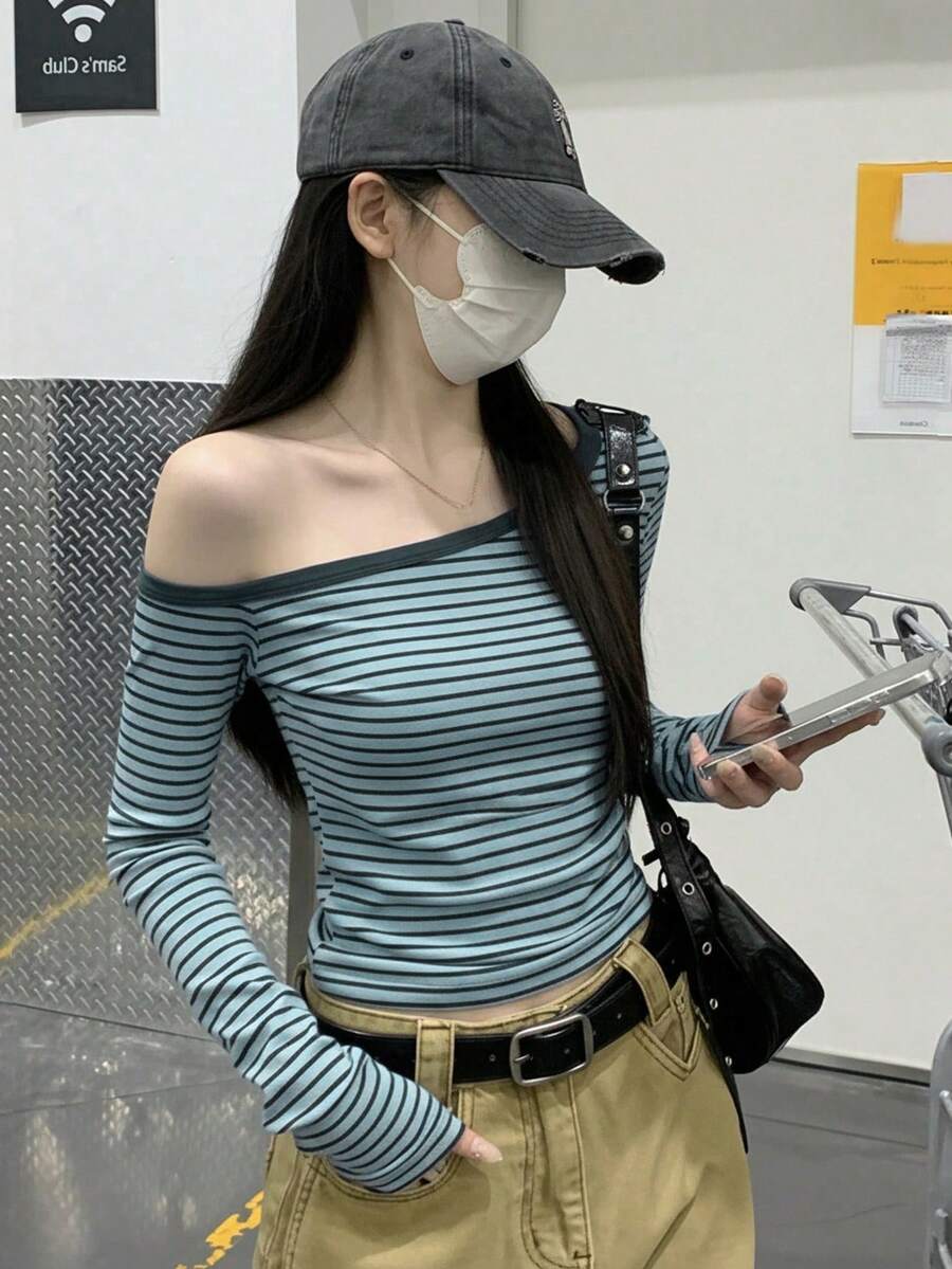 女士休闲条纹斜肩长袖修身T恤,适合春秋季穿着 - 藍色 - 查看 1