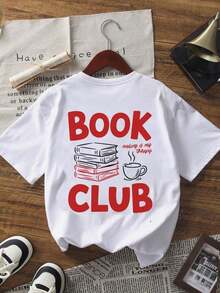 Camiseta de manga corta blanca de cuello redondo con estampado de pila de libros en contraste negro y rojo, de moda y versátil para mujer-Breathable High Quality - Blanco 2 - Ver 6