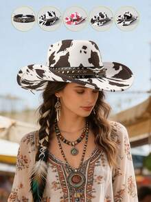Unisex Polyester Cow Print Cowboy Hat - Leather Rivet Bull Head Decor, Perfect For Horse Riding, Outdoor Travel, Cowboy Party, And Daily Wear - Multicolor - View 1