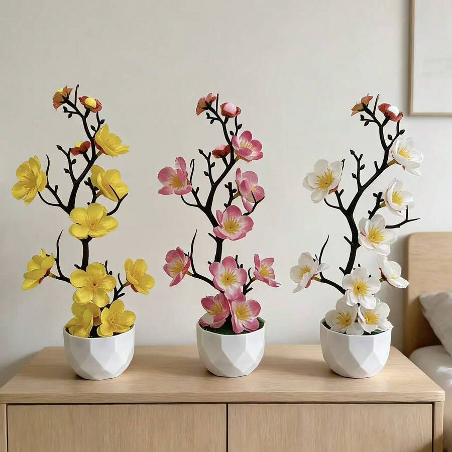 1件裝人造蘭花與綠梅盆栽含盆,逼真仿真盆栽植物,葉脈紋理清晰,無需澆水或修剪,免維護綠色裝飾,適用室內外、窗台、陽台、玄關、茶室、婚禮派對場地、新娘桌中央裝飾,浪漫婚禮裝飾,居家美學人造植物裝飾 - 彩色 - 查看 1
