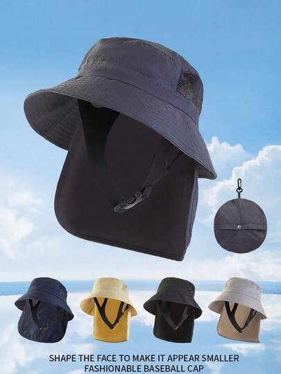 1顶可折叠宽檐防晒护颈帽，透气网眼户外徒步钓鱼帽，男女通用