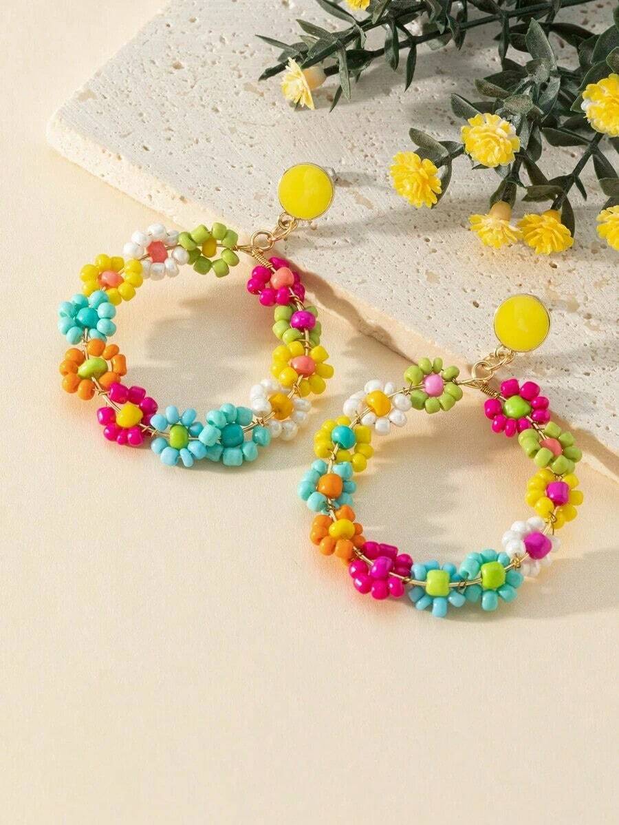 Beaded Flower Drop Earrings Valentines,Mom,Mother,Mother's Day,Gift - Multicolor - View 1